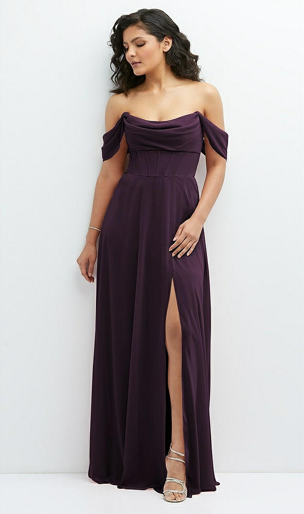 Front View - Aubergine Chiffon Corset Maxi Dress with Removable Off-the-Shoulder Swags