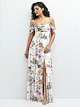 Front View Thumbnail - Butterfly Botanica Ivory Chiffon Corset Maxi Dress with Removable Off-the-Shoulder Swags