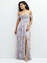 Front View Thumbnail - Butterfly Botanica Silver Dove Chiffon Corset Maxi Dress with Removable Off-the-Shoulder Swags