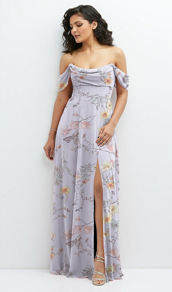 Front View - Butterfly Botanica Silver Dove Chiffon Corset Maxi Dress with Removable Off-the-Shoulder Swags