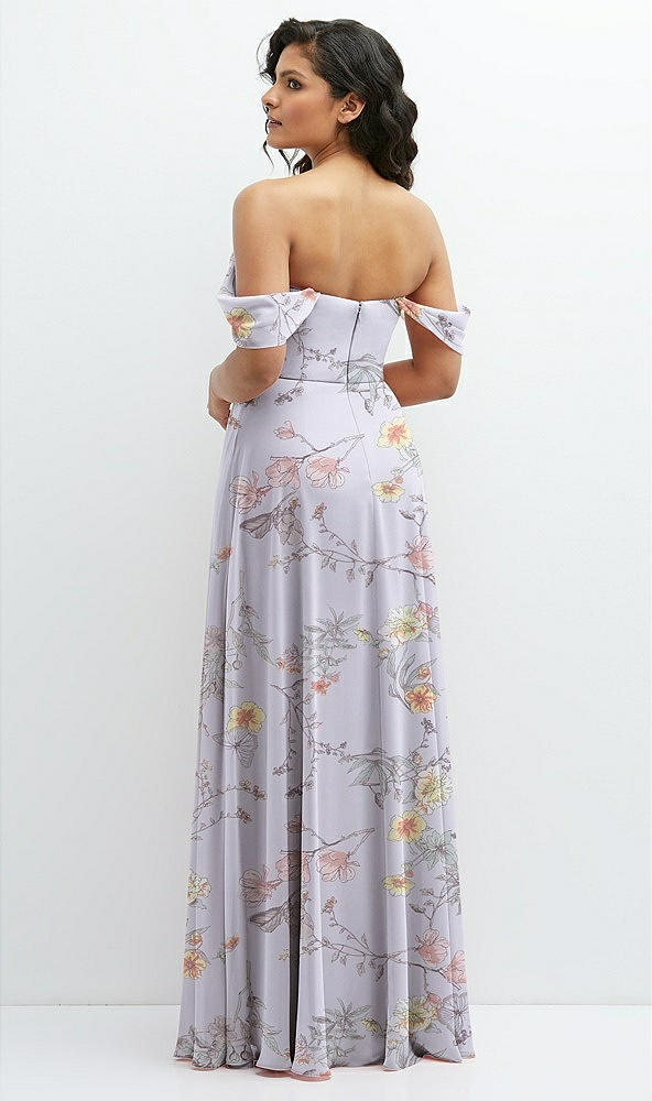 Back View - Butterfly Botanica Silver Dove Chiffon Corset Maxi Dress with Removable Off-the-Shoulder Swags