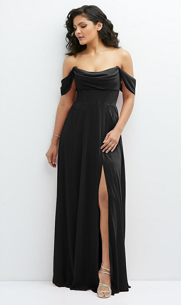 Front View - Black Chiffon Corset Maxi Dress with Removable Off-the-Shoulder Swags