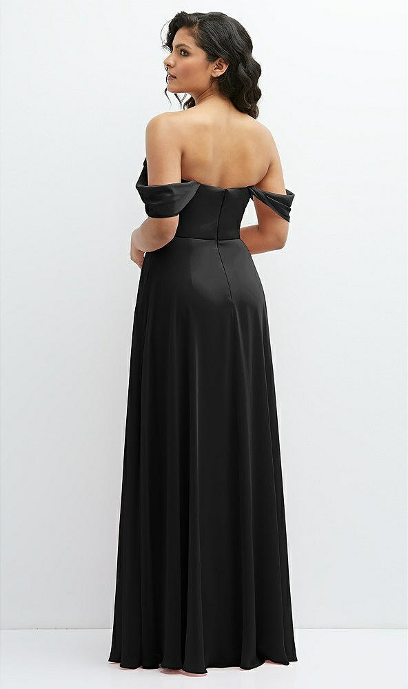Back View - Black Chiffon Corset Maxi Dress with Removable Off-the-Shoulder Swags