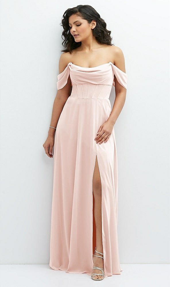 Front View - Blush Chiffon Corset Maxi Dress with Removable Off-the-Shoulder Swags