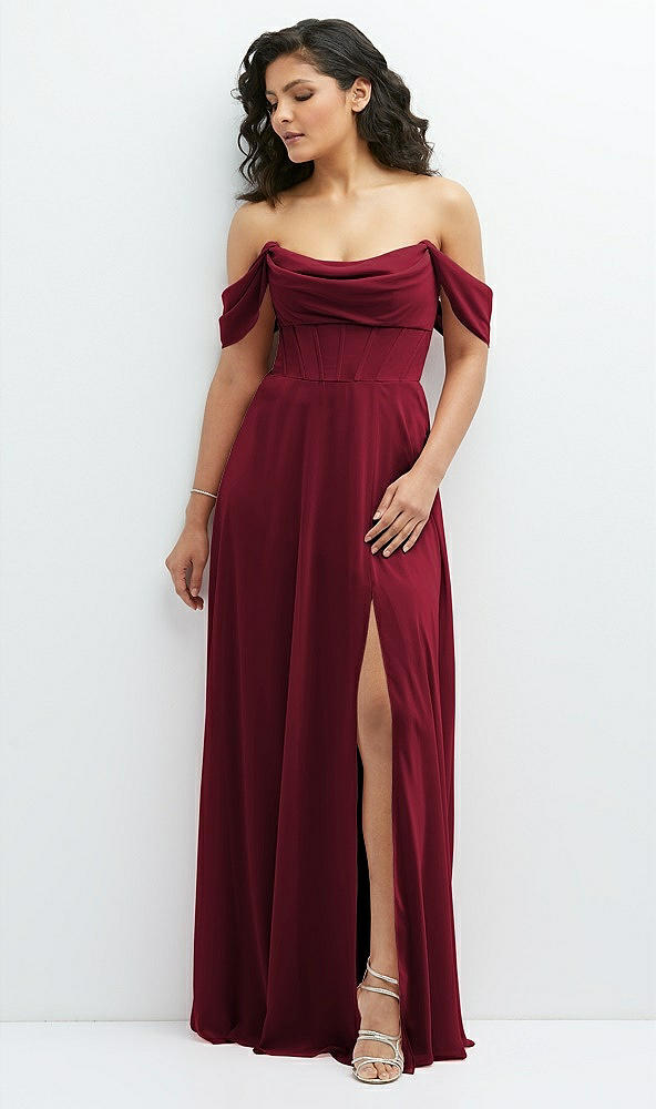 Front View - Burgundy Chiffon Corset Maxi Dress with Removable Off-the-Shoulder Swags