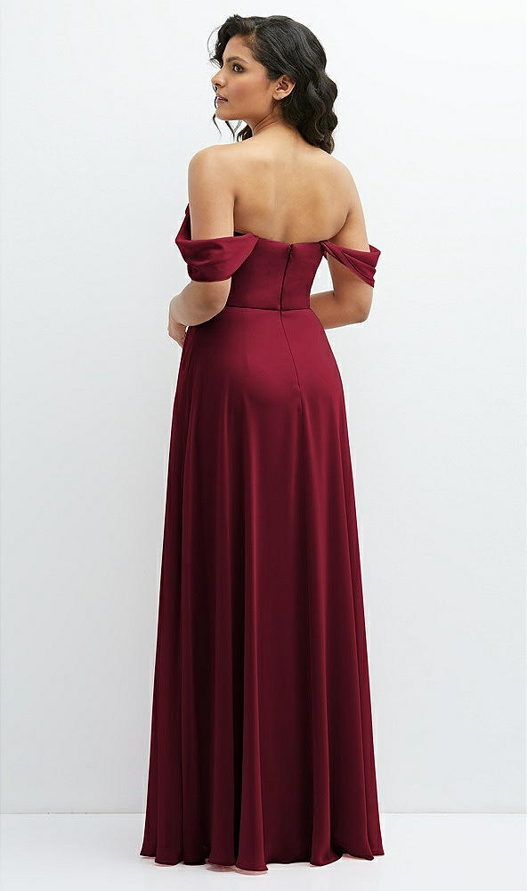 Back View - Burgundy Chiffon Corset Maxi Dress with Removable Off-the-Shoulder Swags