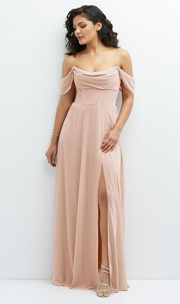 Front View - Cameo Chiffon Corset Maxi Dress with Removable Off-the-Shoulder Swags