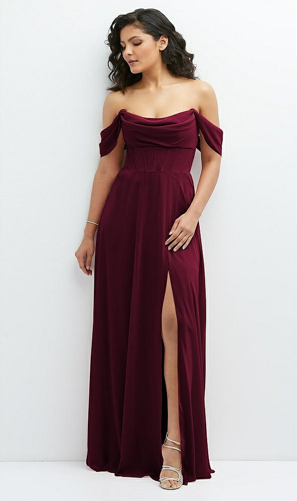 Front View - Cabernet Chiffon Corset Maxi Dress with Removable Off-the-Shoulder Swags
