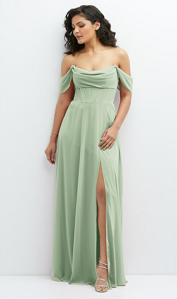 Front View - Celadon Chiffon Corset Maxi Dress with Removable Off-the-Shoulder Swags