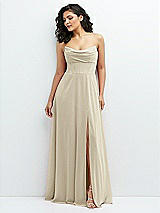 Alt View 1 Thumbnail - Champagne Chiffon Corset Maxi Dress with Removable Off-the-Shoulder Swags