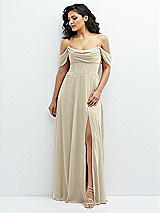 Front View Thumbnail - Champagne Chiffon Corset Maxi Dress with Removable Off-the-Shoulder Swags