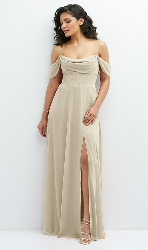 Front View - Champagne Chiffon Corset Maxi Dress with Removable Off-the-Shoulder Swags