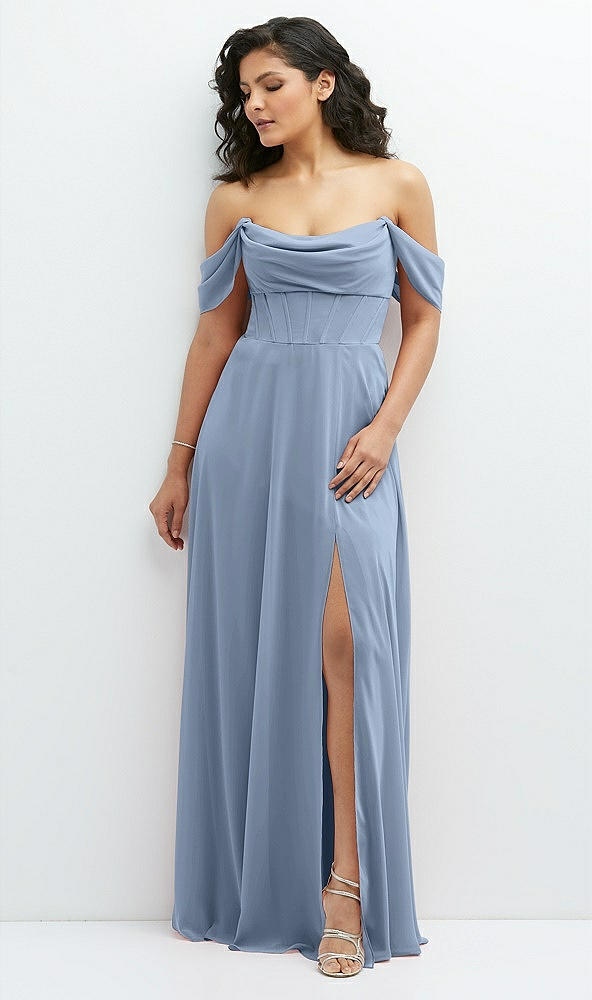 Front View - Cloudy Chiffon Corset Maxi Dress with Removable Off-the-Shoulder Swags