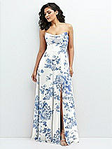 Alt View 1 Thumbnail - Cottage Rose Dusk Blue Chiffon Corset Maxi Dress with Removable Off-the-Shoulder Swags