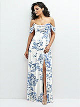 Front View Thumbnail - Cottage Rose Dusk Blue Chiffon Corset Maxi Dress with Removable Off-the-Shoulder Swags