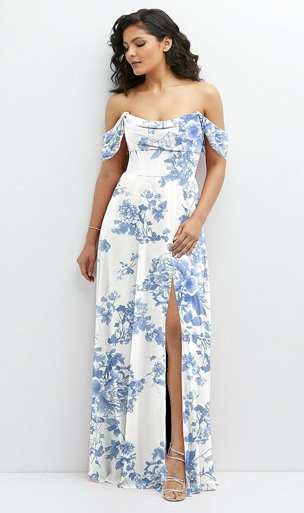 Front View - Cottage Rose Dusk Blue Chiffon Corset Maxi Dress with Removable Off-the-Shoulder Swags