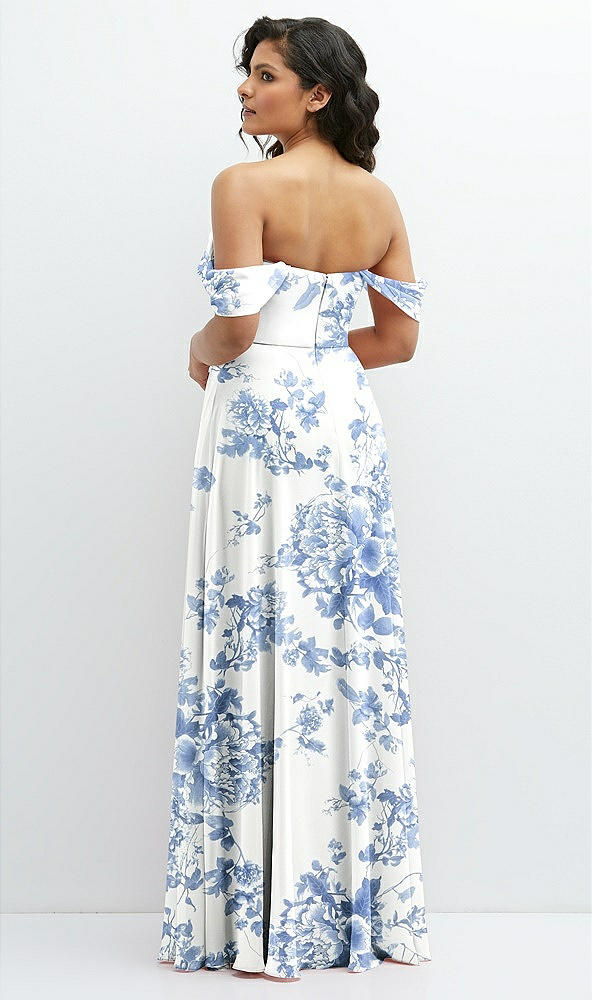 Back View - Cottage Rose Dusk Blue Chiffon Corset Maxi Dress with Removable Off-the-Shoulder Swags