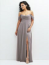 Front View Thumbnail - Cashmere Gray Chiffon Corset Maxi Dress with Removable Off-the-Shoulder Swags