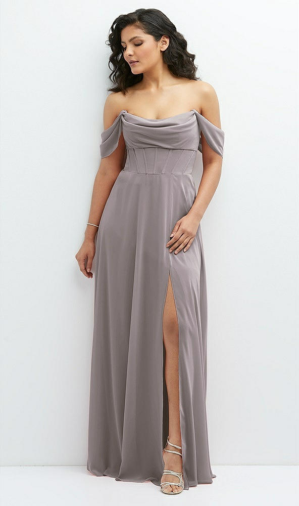 Front View - Cashmere Gray Chiffon Corset Maxi Dress with Removable Off-the-Shoulder Swags