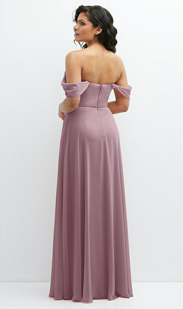 Back View - Dusty Rose Chiffon Corset Maxi Dress with Removable Off-the-Shoulder Swags
