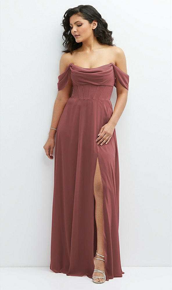 Front View - English Rose Chiffon Corset Maxi Dress with Removable Off-the-Shoulder Swags