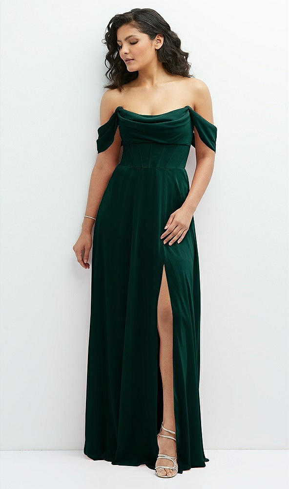 Front View - Evergreen Chiffon Corset Maxi Dress with Removable Off-the-Shoulder Swags