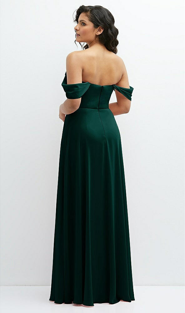 Back View - Evergreen Chiffon Corset Maxi Dress with Removable Off-the-Shoulder Swags