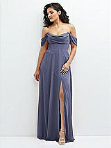 Front View Thumbnail - French Blue Chiffon Corset Maxi Dress with Removable Off-the-Shoulder Swags