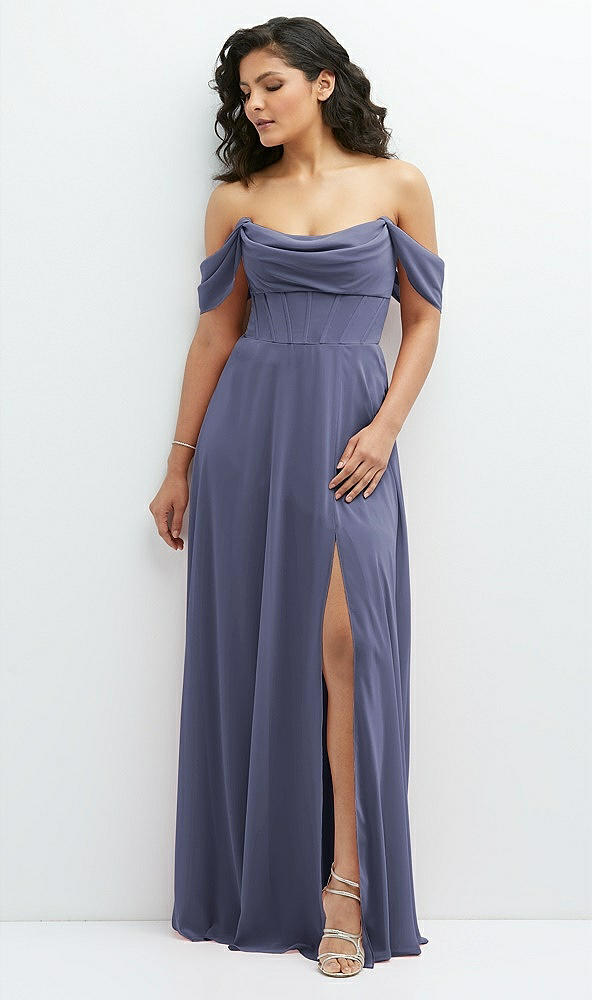Front View - French Blue Chiffon Corset Maxi Dress with Removable Off-the-Shoulder Swags
