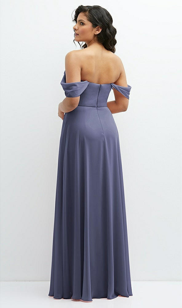 Back View - French Blue Chiffon Corset Maxi Dress with Removable Off-the-Shoulder Swags