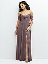 Front View Thumbnail - French Truffle Chiffon Corset Maxi Dress with Removable Off-the-Shoulder Swags