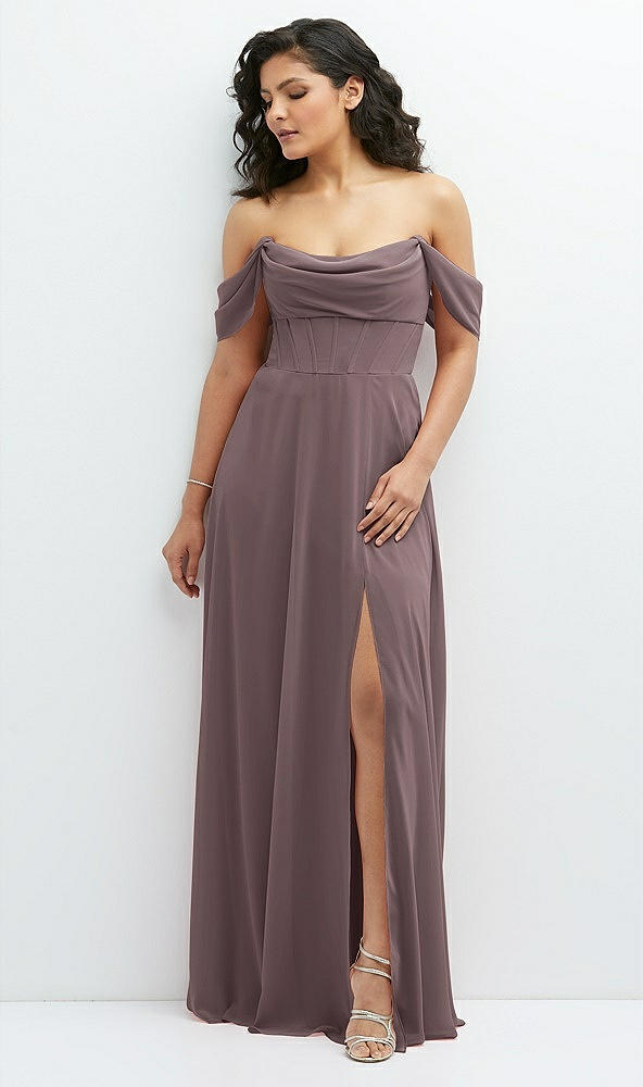 Front View - French Truffle Chiffon Corset Maxi Dress with Removable Off-the-Shoulder Swags