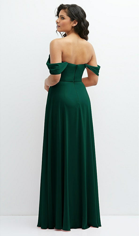Back View - Hunter Green Chiffon Corset Maxi Dress with Removable Off-the-Shoulder Swags