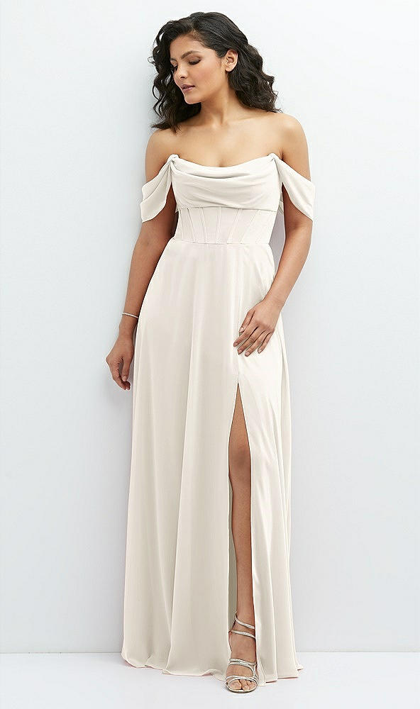 Front View - Ivory Chiffon Corset Maxi Dress with Removable Off-the-Shoulder Swags