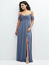 Front View Thumbnail - Larkspur Blue Chiffon Corset Maxi Dress with Removable Off-the-Shoulder Swags
