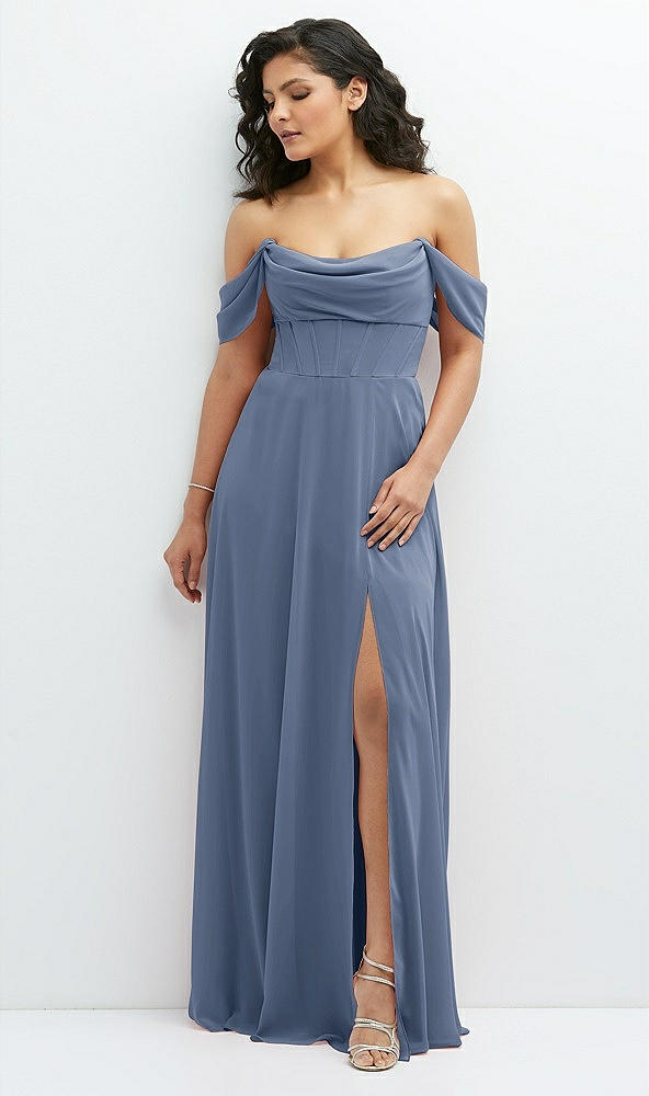 Front View - Larkspur Blue Chiffon Corset Maxi Dress with Removable Off-the-Shoulder Swags