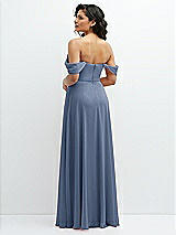 Rear View Thumbnail - Larkspur Blue Chiffon Corset Maxi Dress with Removable Off-the-Shoulder Swags