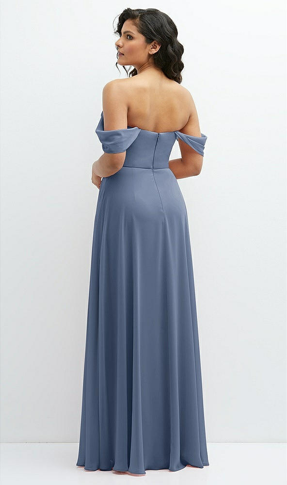 Back View - Larkspur Blue Chiffon Corset Maxi Dress with Removable Off-the-Shoulder Swags