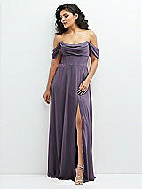 Front View Thumbnail - Lavender Chiffon Corset Maxi Dress with Removable Off-the-Shoulder Swags