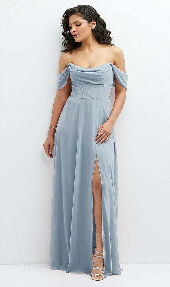 Front View - Mist Chiffon Corset Maxi Dress with Removable Off-the-Shoulder Swags