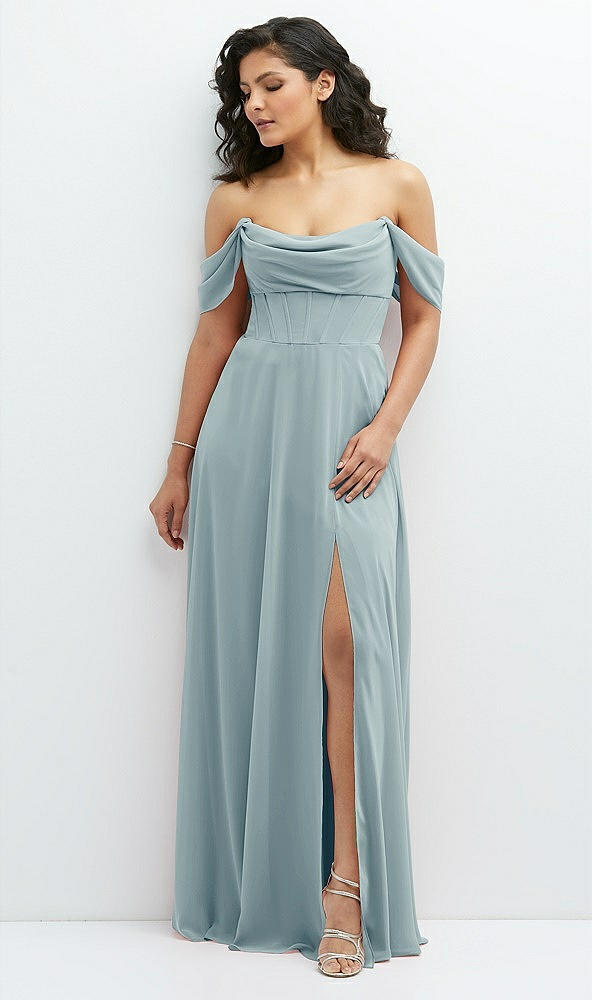 Front View - Morning Sky Chiffon Corset Maxi Dress with Removable Off-the-Shoulder Swags