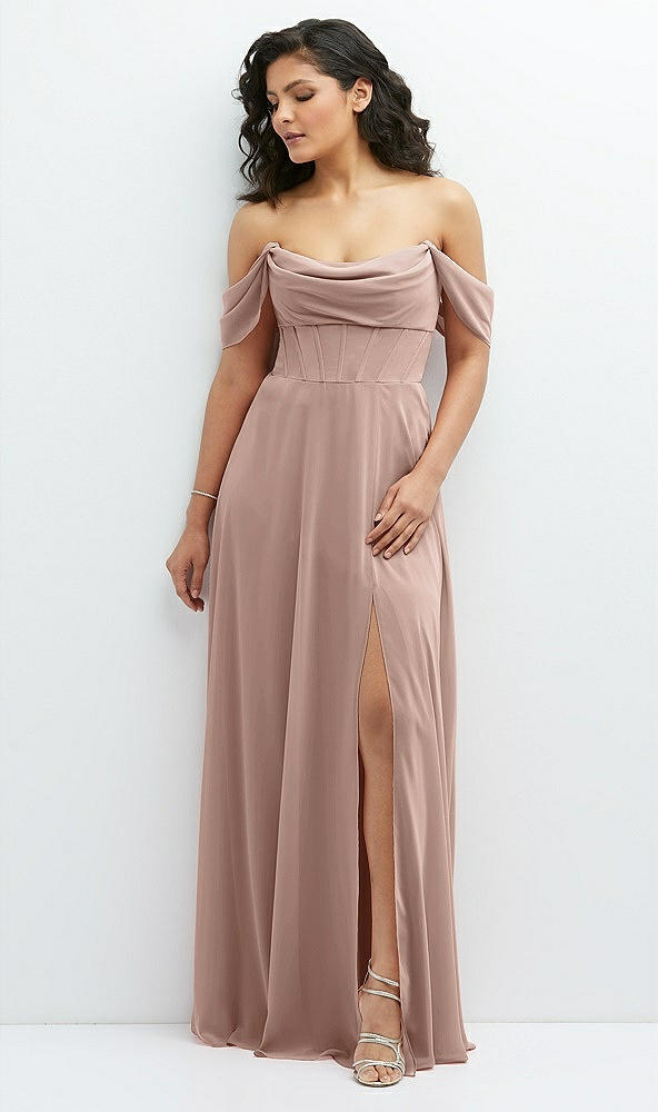 Front View - Neu Nude Chiffon Corset Maxi Dress with Removable Off-the-Shoulder Swags