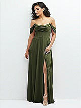 Front View Thumbnail - Olive Green Chiffon Corset Maxi Dress with Removable Off-the-Shoulder Swags