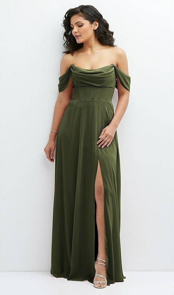 Front View - Olive Green Chiffon Corset Maxi Dress with Removable Off-the-Shoulder Swags