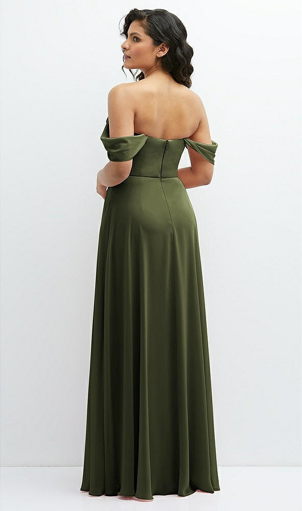 Back View - Olive Green Chiffon Corset Maxi Dress with Removable Off-the-Shoulder Swags