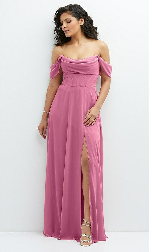 Front View - Orchid Pink Chiffon Corset Maxi Dress with Removable Off-the-Shoulder Swags