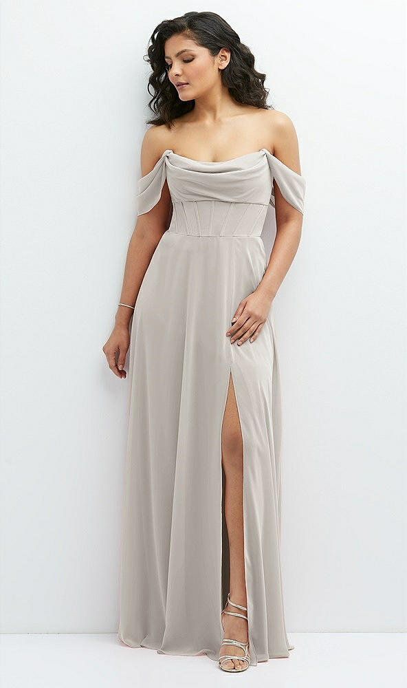 Front View - Oyster Chiffon Corset Maxi Dress with Removable Off-the-Shoulder Swags