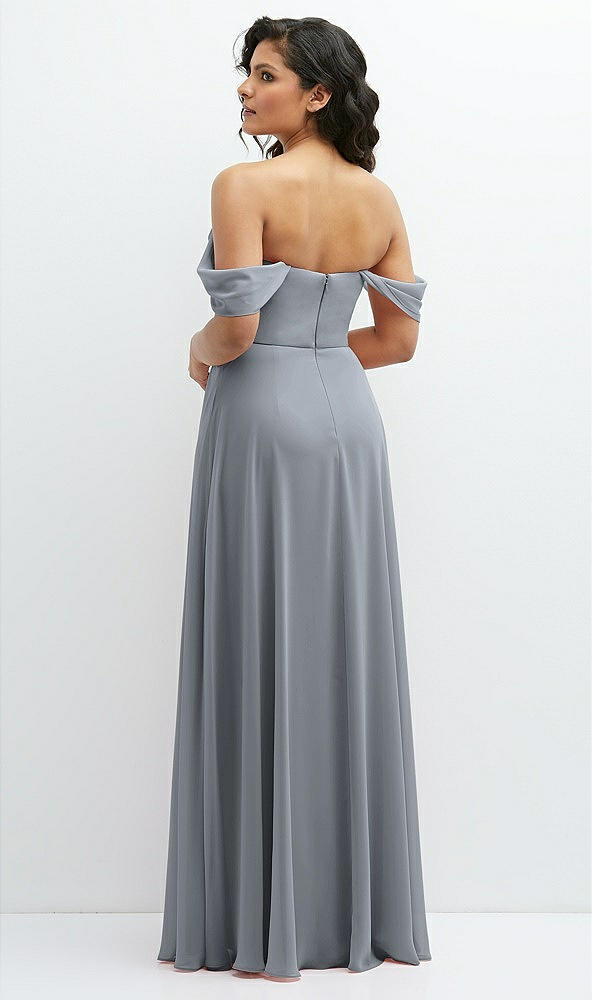 Back View - Platinum Chiffon Corset Maxi Dress with Removable Off-the-Shoulder Swags