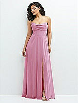 Alt View 1 Thumbnail - Powder Pink Chiffon Corset Maxi Dress with Removable Off-the-Shoulder Swags