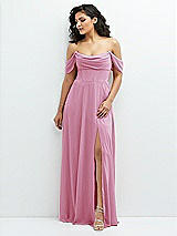 Front View Thumbnail - Powder Pink Chiffon Corset Maxi Dress with Removable Off-the-Shoulder Swags